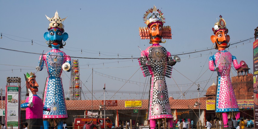 Towering effigy of Ravana during Dussehra Celebration In Delhi on display.