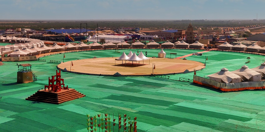 Aerial view of Tent City at Rann Utsav, showcasing desert tents and festival setup.