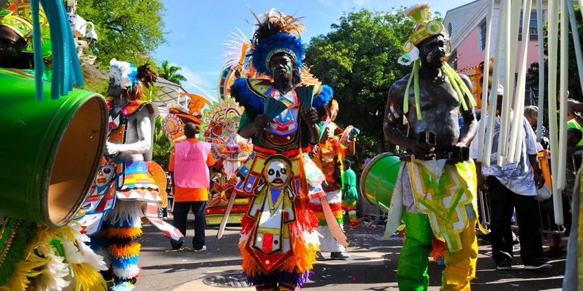 Celebrations of the Junkanoo Festival with participants taking part in the parades.