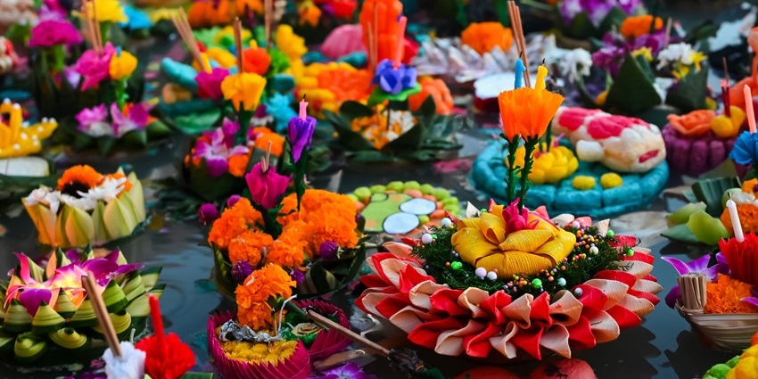 Decorated krathong floating in water during the Yi Peng Lantern Festival in Chiang Mai.