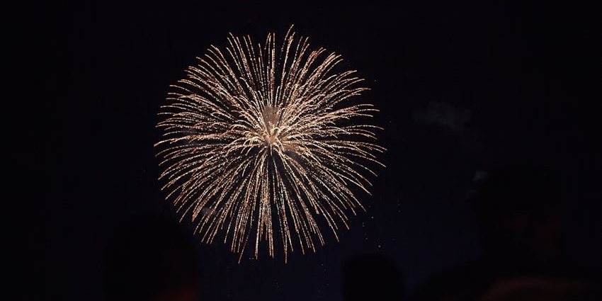 Brilliant fireworks explode over the waterfront, reflecting across the night sky.