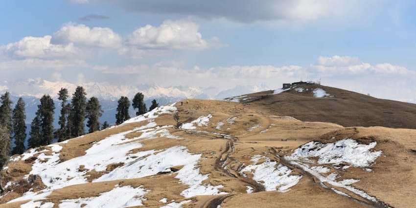 Serene view of Dalhousie blanketed in white snow, pine trees glistening under winter sunlight.