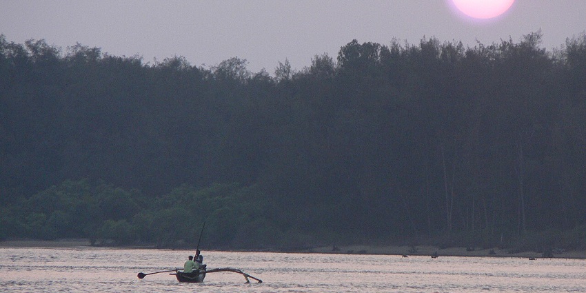 Fisherman rowing a boat on Devbagh waters at sunset with forested shoreline perfect for road trips from Goa.
