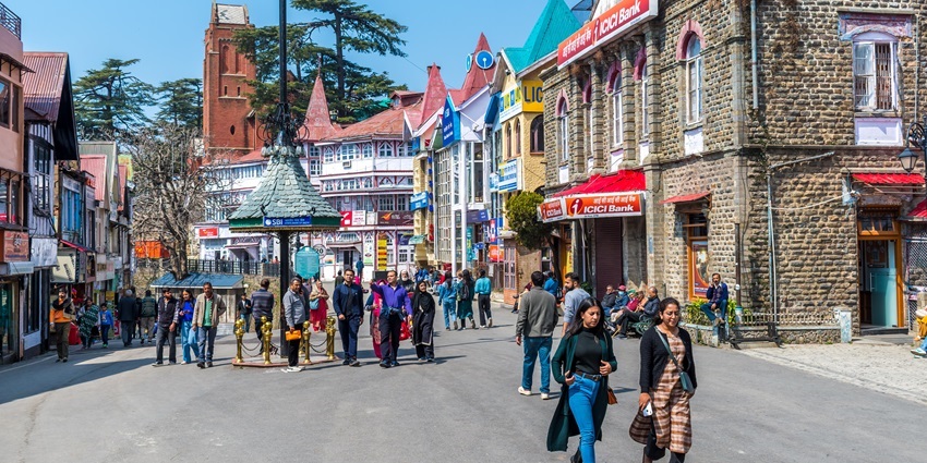 People are enjoying café hopping and exploring shops along Mall Road in Shimla.