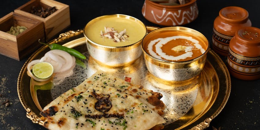Indian thali with curry and flatbread served at Govindam Restaurant, one of the popular veg restaurants in Guwahati.