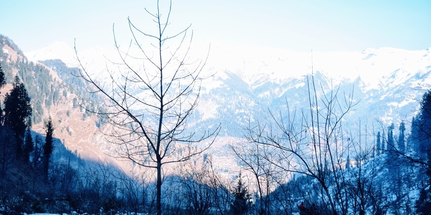 Gulaba in Manali showcasing snow-covered peaks and clear blue skies during winter