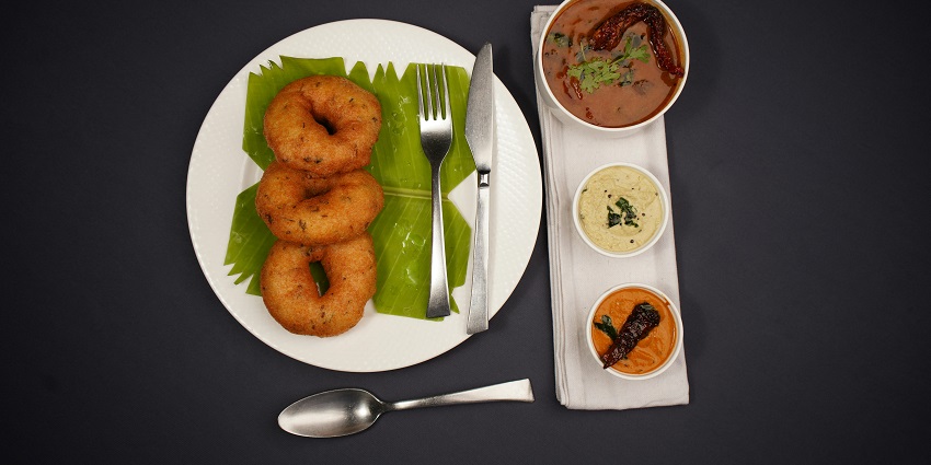 Vada served with sambhar and chutney at Jiva South restaurant.
