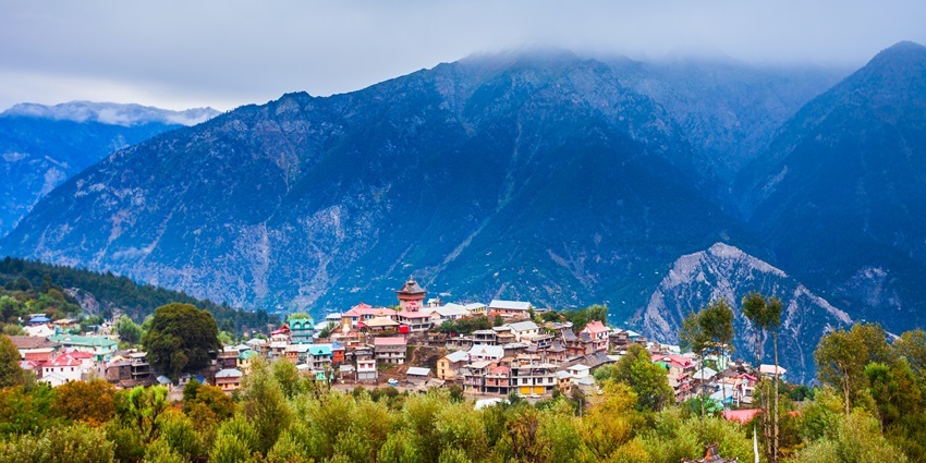 Aerial view of Kalpa village nestled in the Sutlej River valley, Himachal Pradesh.