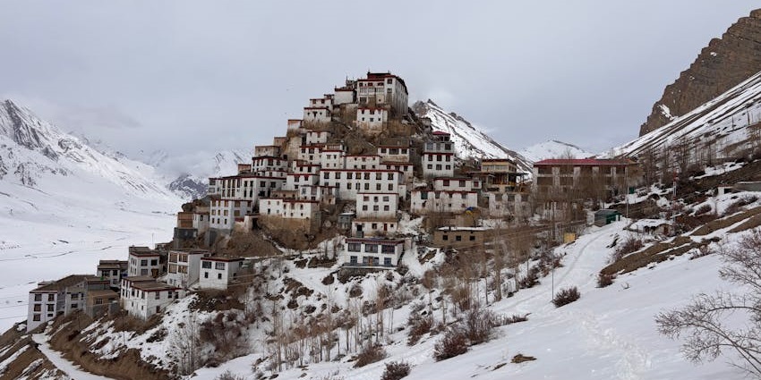 Mesmerising panorama of frozen rivers and snow-covered monasteries in Lahaul-Spiti.
