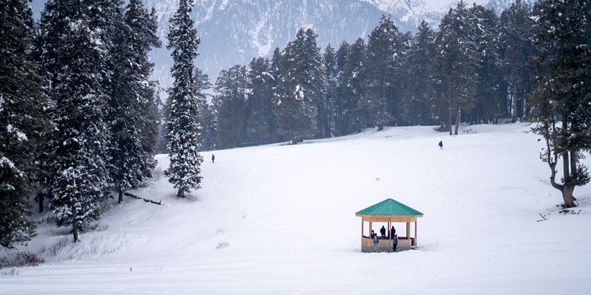 Hut with green roof in the middle of pristine white snow and huge fir pine trees in Baisaran valley
