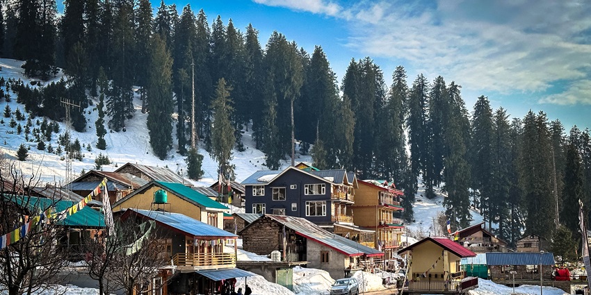 Snow-covered mountains and pine trees in Manali's serene winter landscape.