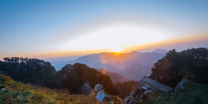 Sunset as seen from Hatu peak, Narkanda, Himachal Pradesh, India—Snowfall In North India