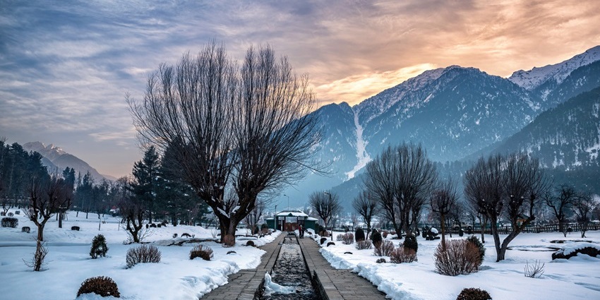 Beautiful view of Pahalgam during winter season surrounded by snow frozen - snowfall in india in january