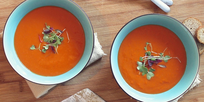 Tomato soup served in a bowl at Palate Story restaurant.

