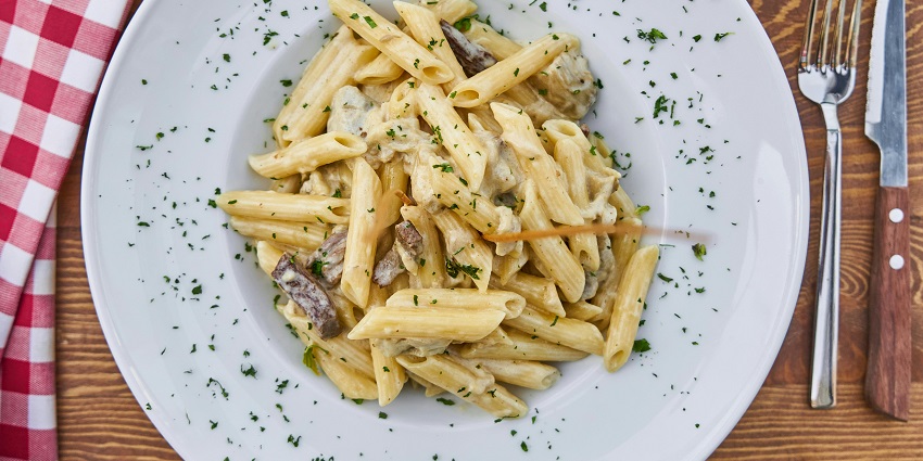 A white cheesy penne pasta served at Palmdale’s Eatery, one of the restaurants in Jowai.