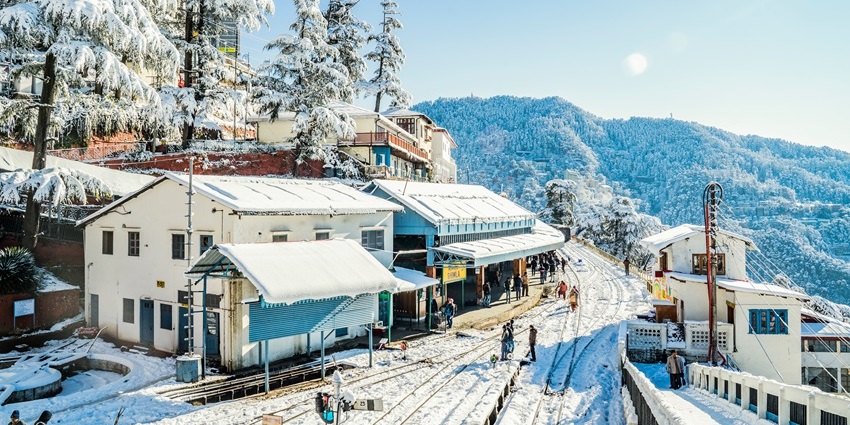 Aeria view of The scene from first snowfall in Shimla Railway Station India