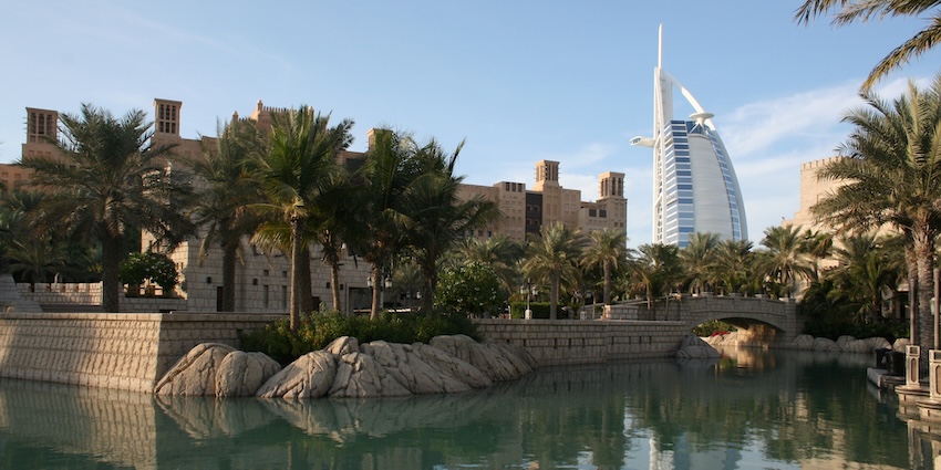 The traditional-style buildings and wind towers of the Madinat Jumeirah resort, one of the best markets in Dubai.
