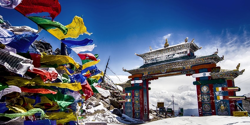 Tawang, Arunachal Pradesh, India. The Buddhist architecture, prayer flags - snowfall in india in january