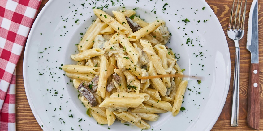 Creamy white sauce pasta served at The Grub restaurant.