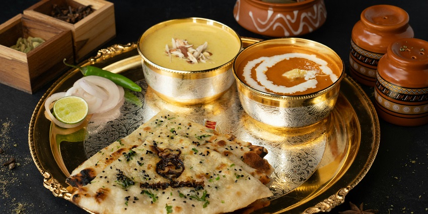 Indian thali with dal and naan served at Three 81 at Hotel Polo Towers.