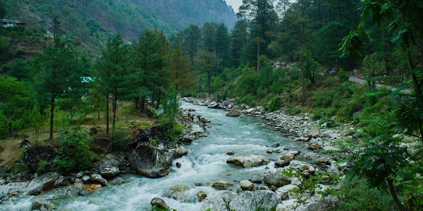 Image of Lush greenery and flowing river in Tirthan Valley, Himachal Pradesh