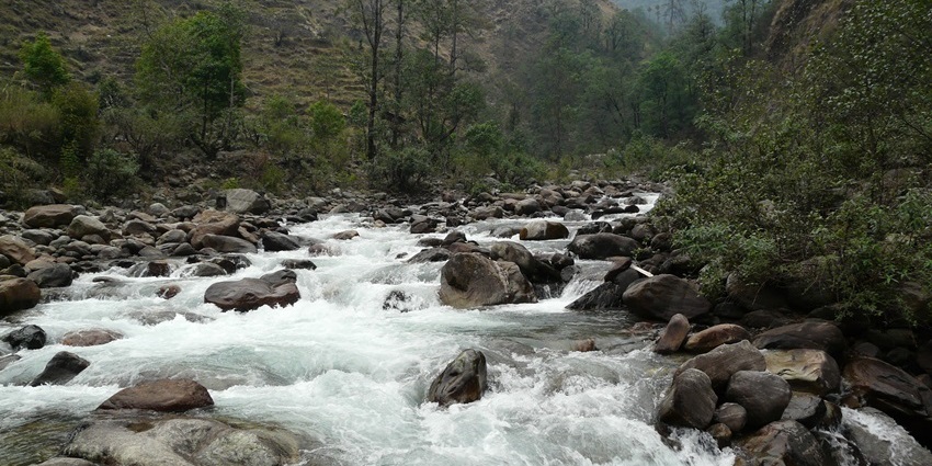 Tranquil Tirthan Valley with snow-laden pine forests and misty mountain trails.